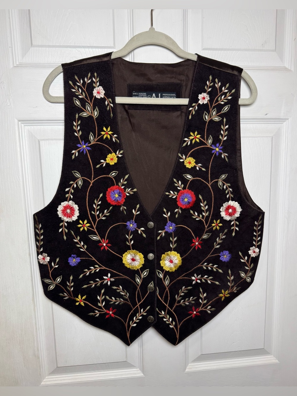 Vintage Leather Suede Brown Floral Embroidered Sleeveless Vest Women’s Large